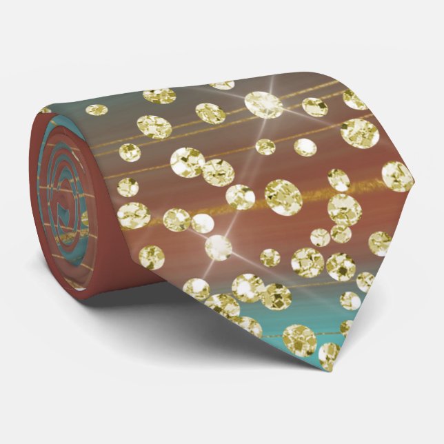 Teal & Rust Marble Gold Glitter Necktie (Rolled)