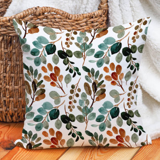 Teal Rust Sage Green Leaves White Fall Autumn Cushion