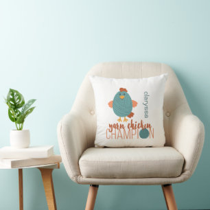 Teal & Rust Yarn Chicken Champion Throw Pillow