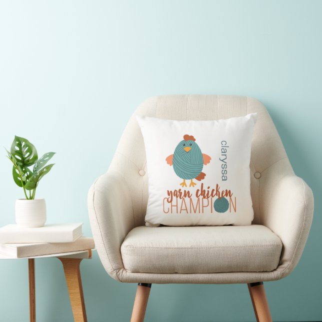 Teal & Rust Yarn Chicken Champion Throw Pillow (Chair)
