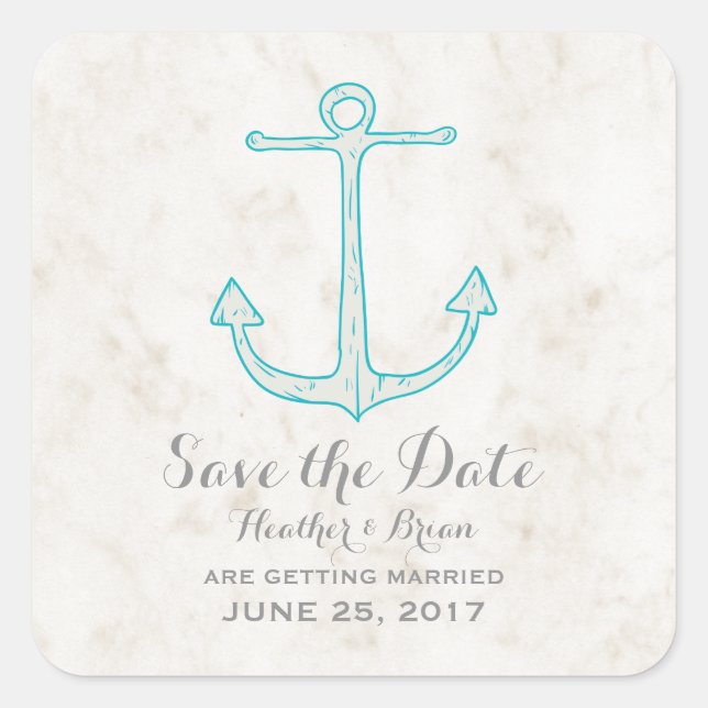 Teal Rustic Anchor Save the Date Square Sticker (Front)