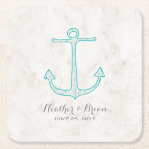 Teal Rustic Anchor Wedding Square Paper Coaster