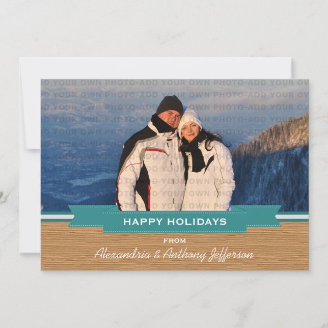 Teal Rustic Banner Holiday Photo Flat Card (Front)