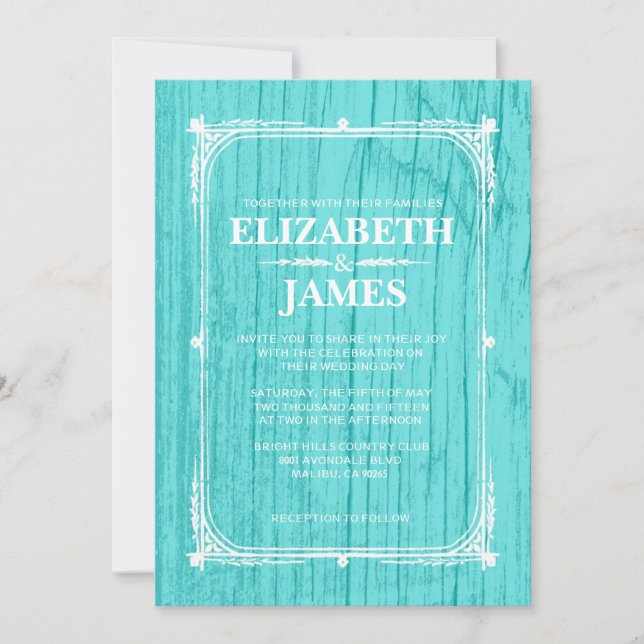 Teal Rustic Barn Wood Wedding Invitations (Front)