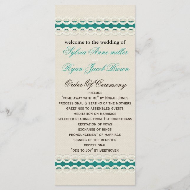 Teal Rustic burlap and lace country wedding Programme (Front)