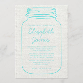 Teal Rustic Burlap Mason Jar Wedding Invitations