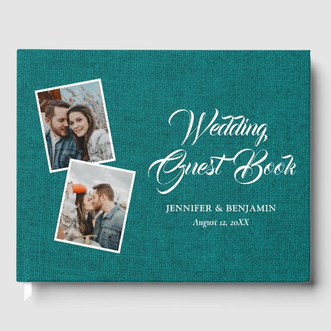 Teal Rustic Burlap Wedding Photo Guest Book (Front)