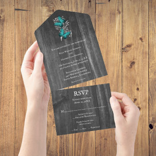 Teal Rustic Butterfly All in One Wedding Invite