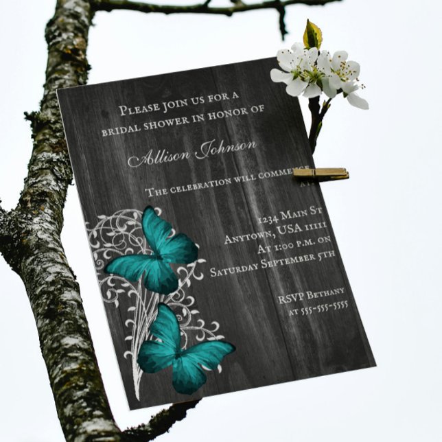 Teal Rustic Butterfly Bridal Shower Invite (Teal Rustic Butterfly Bridal Shower Invitation)