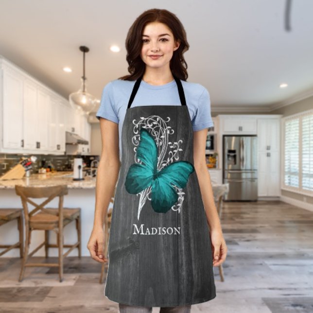 Teal Rustic Butterfly Personalised Apron (Teal Rustic Butterfly Personalized Apron)