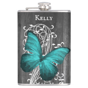 Teal Rustic Butterfly Personalised Flask