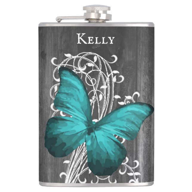 Teal Rustic Butterfly Personalised Flask (Front)