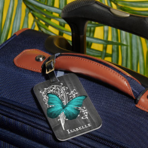 Teal Rustic Butterfly Personalised Luggage Tag