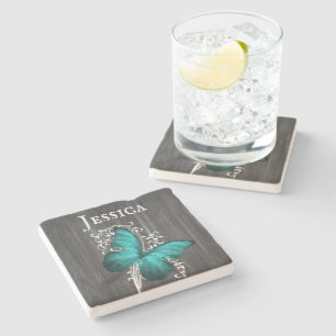 Teal Rustic Butterfly Personalised Stone Coaster
