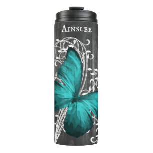 Teal Rustic Butterfly Personalised Thermal Tumbler