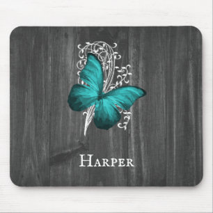 Teal Rustic Butterfly Personalized Mouse Pad