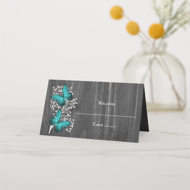 Teal Rustic Butterfly Reception Place Card (Front)