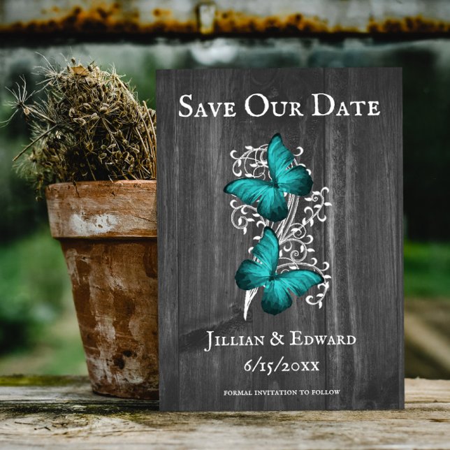 Teal Rustic Butterfly Save The Date Announcement (Teal Rustic Butterfly Save the Date)