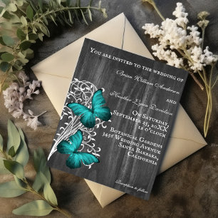 Teal Rustic Butterfly Wedding Invitation