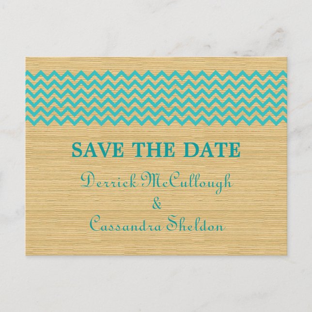 Teal Rustic Chevron Save the Date Postcard (Front)