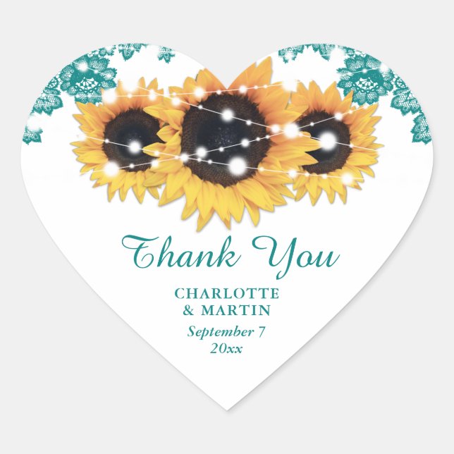 Teal Rustic Chic Lace Sunflower Wedding Heart Sticker (Front)