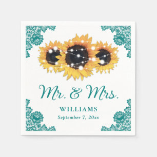Teal Rustic Chic Lace Sunflower Wedding Napkin