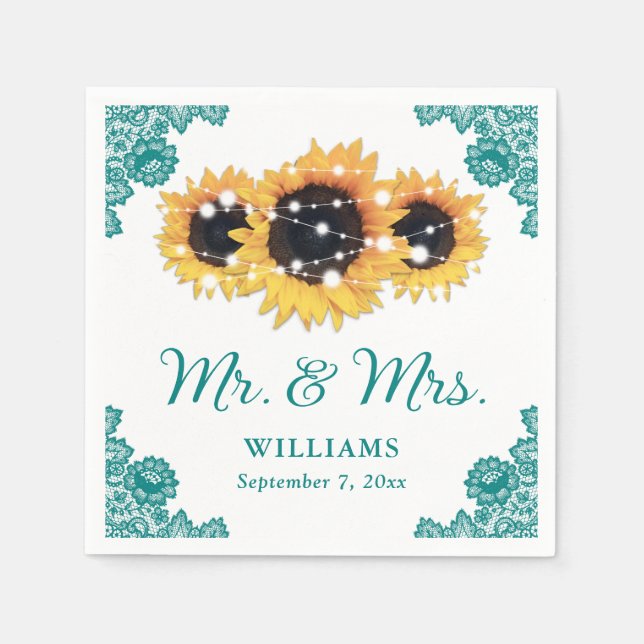 Teal Rustic Chic Lace Sunflower Wedding Napkin (Front)