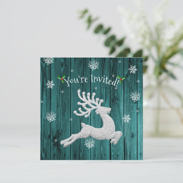Teal Rustic Christmas Reindeer Invitation (Standing Front)