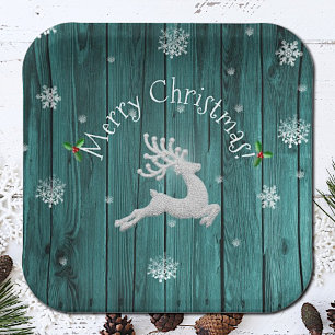 Teal Rustic Christmas Reindeer Paper Plate