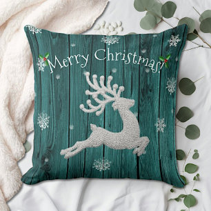 Teal Rustic Christmas Reindeer Throw Pillow