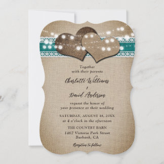 Teal Rustic Country Burlap Lace Wedding Invitation