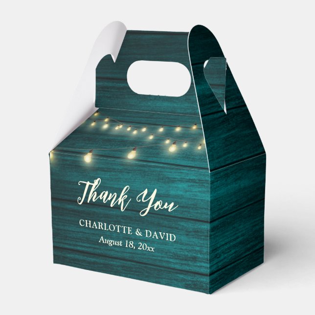Teal Rustic Country Wood String Lights Wedding Favour Box (Front Side)