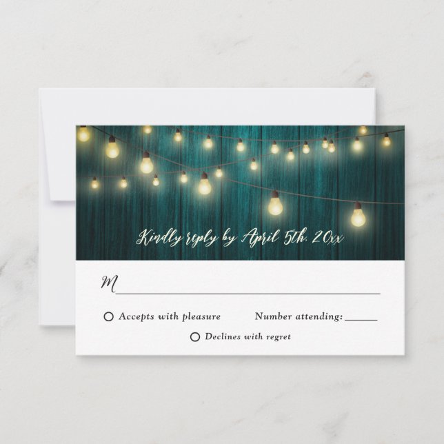 Teal Rustic Country Wood String Lights Wedding RSVP Card (Front)