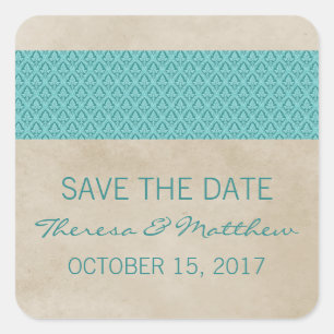 Teal Rustic Damask Save the Date Stickers