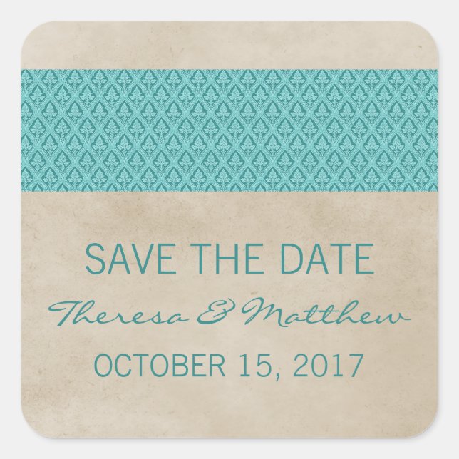 Teal Rustic Damask Save the Date Stickers (Front)