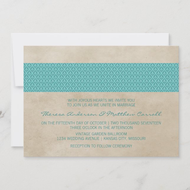 Teal Rustic Damask Wedding Invite (Front)