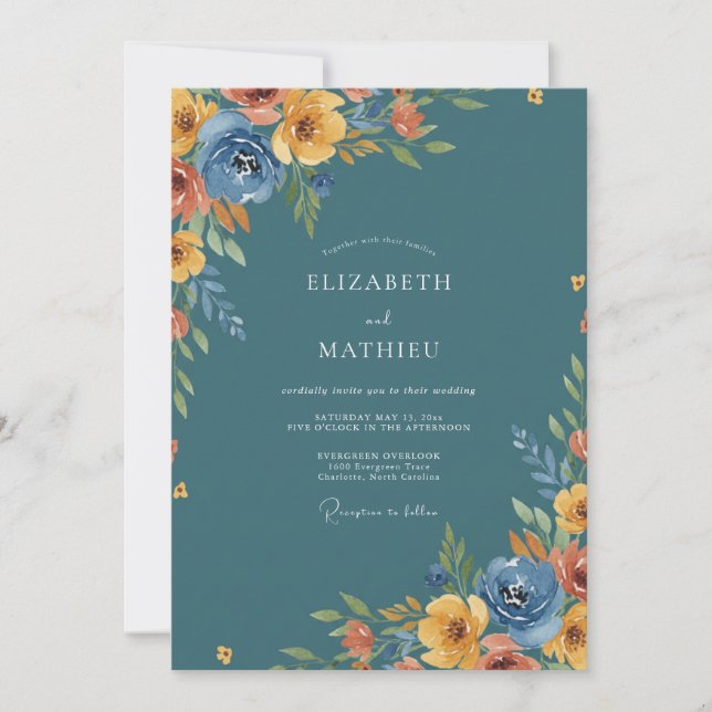 Teal Rustic Floral Romance Wedding Invitation (Front)