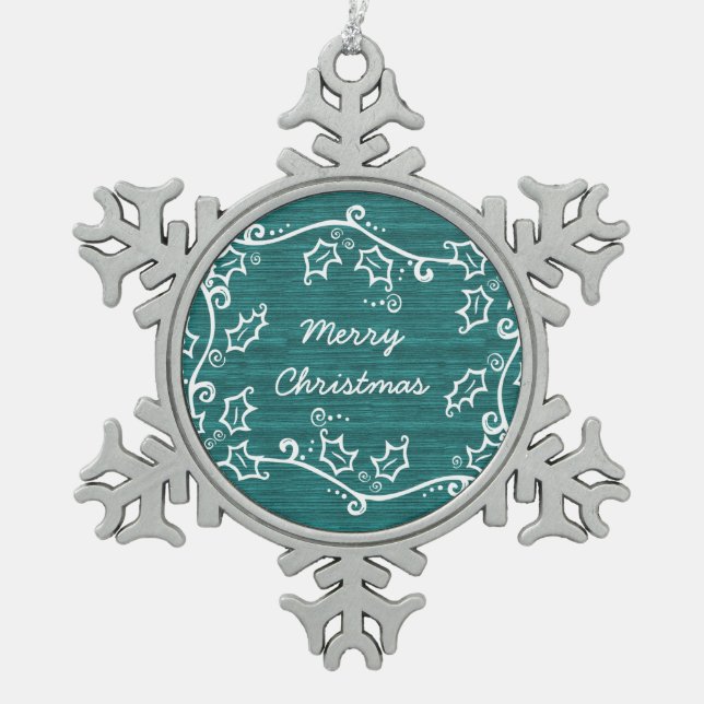 Teal Rustic Holly Snowflake Ornament (Front)