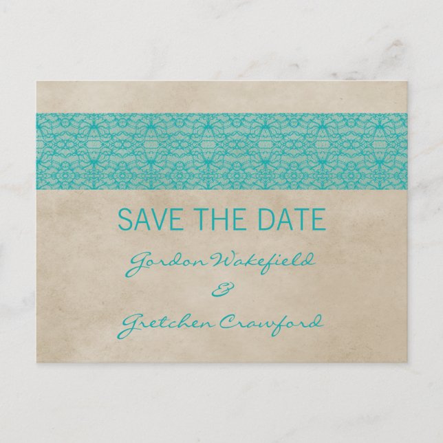 Teal Rustic Lace Save the Date Postcard (Front)