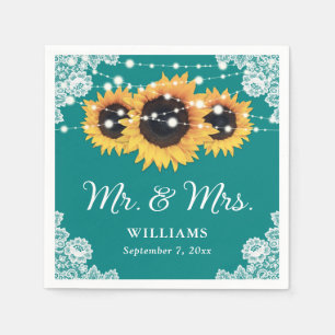 Teal Rustic Lace Sunflower Mr and Mrs Wedding Napkin
