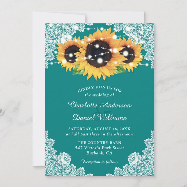 Teal Rustic Lace Sunflower Wedding Invitation (Front)
