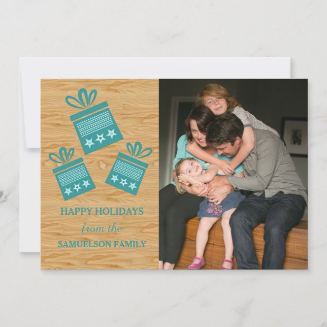 Teal Rustic Presents Holiday Photo Flat Card (Front)