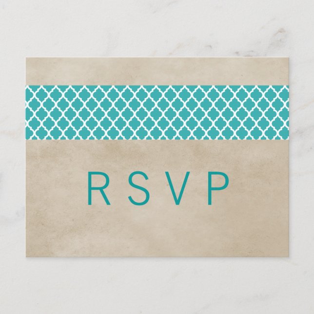Teal Rustic Quatrefoil RSVP Postcard (Front)