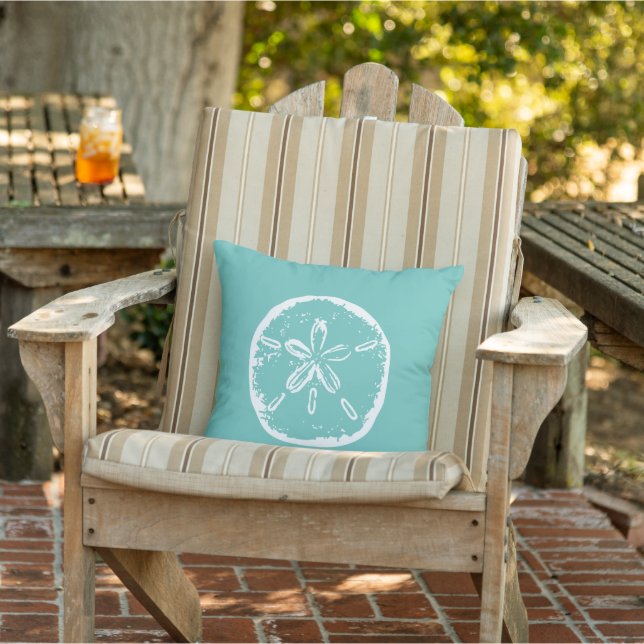 Teal rustic sand dollar beach outdoor throw pillow (Chair)
