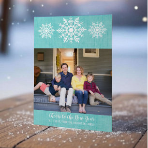 Teal Rustic Snowflake New Year's Photo Flat Card