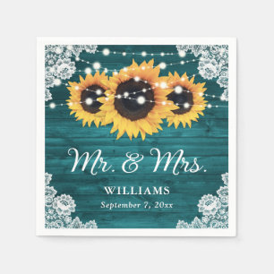 Teal Rustic Sunflower Wood Lace Wedding Napkin