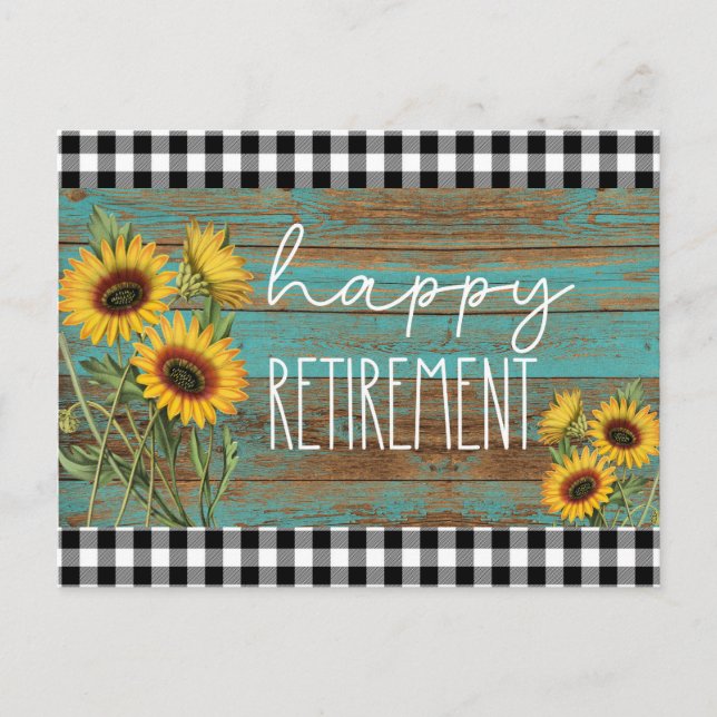 Teal Rustic Sunflowers Happy Retirement Postcard (Front)
