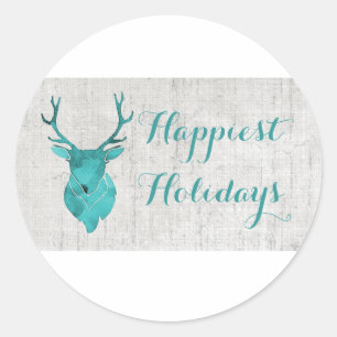 Teal Rustic Watercolor Deer Holiday Classic Round Sticker