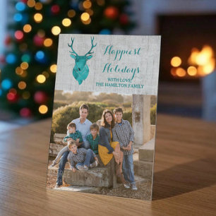 Teal Rustic Watercolor Deer Holiday Photo Flat