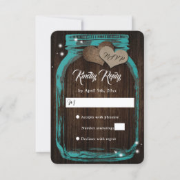 Teal Rustic Wood Hearts Mason Jar Wedding RSVP
